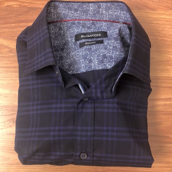 Bugatchi Midnight Blue Checked Long Sleeve Button Up Shirt Sz L - Picture 2 of 11